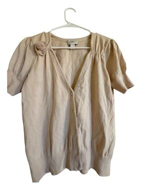 LOFT Cream Short-Sleeve Cardigan with Rosette Accent